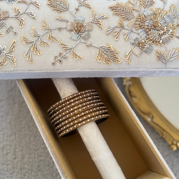 Beaded Bangle Set : White and Gold Bangle Set of 8