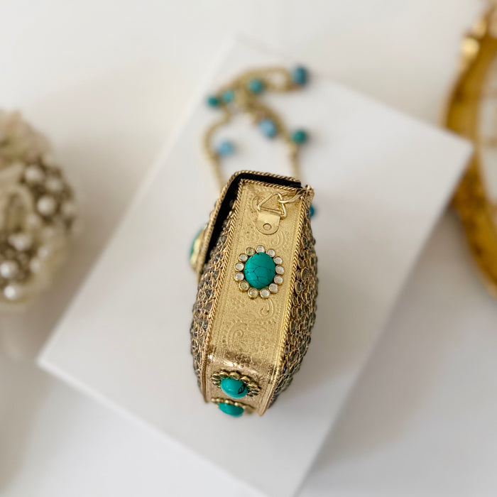 Natural Turquoise Gemstone Mini Clutch | Kundan Detailing on Brass Frame