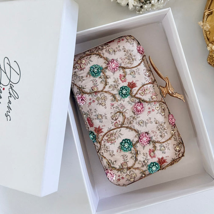 Multi-Color Floral Motif Hand-Embroidered Clutch
