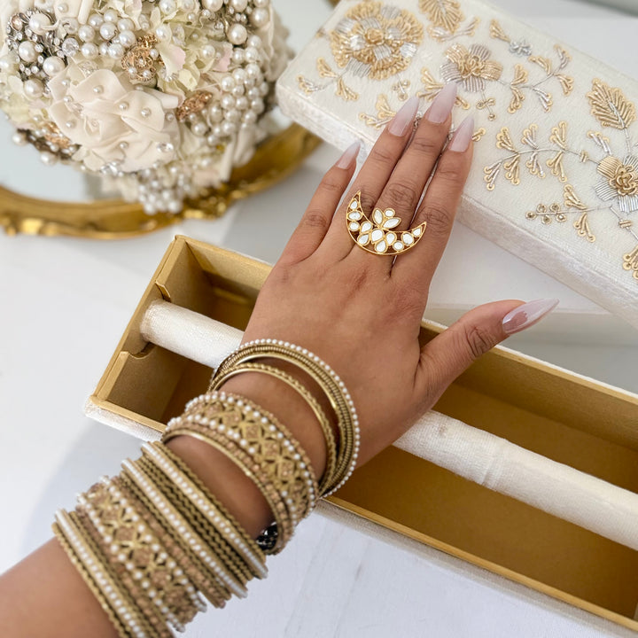 Moon Inspired Ring : Gold Finish Bridal Ring With Kundan and Brass