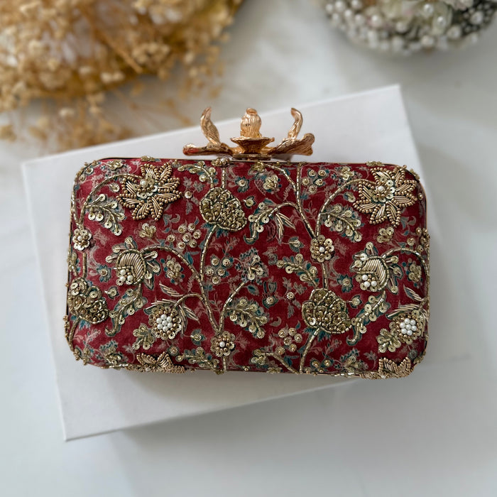 Rusty Red Hand-Embroidered Clutch Bag |Printed Floral Purse