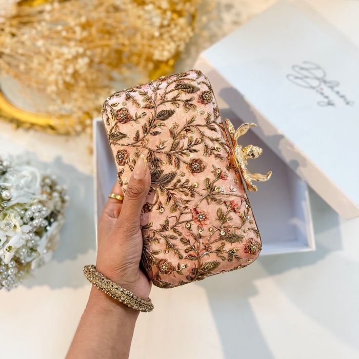 Dusty Pink Rose Clutch | Hand-Embroidered Floral Evening Bag
