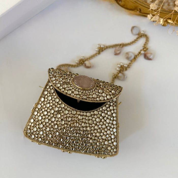 Natural Rose Quartz Gemstone Mini Clutch | Kundan Detailing on Brass Frame