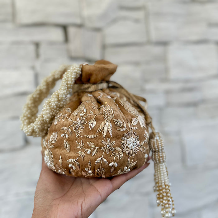 Gold Velvet Zardosi Potli Bag with Pearl Embellishments