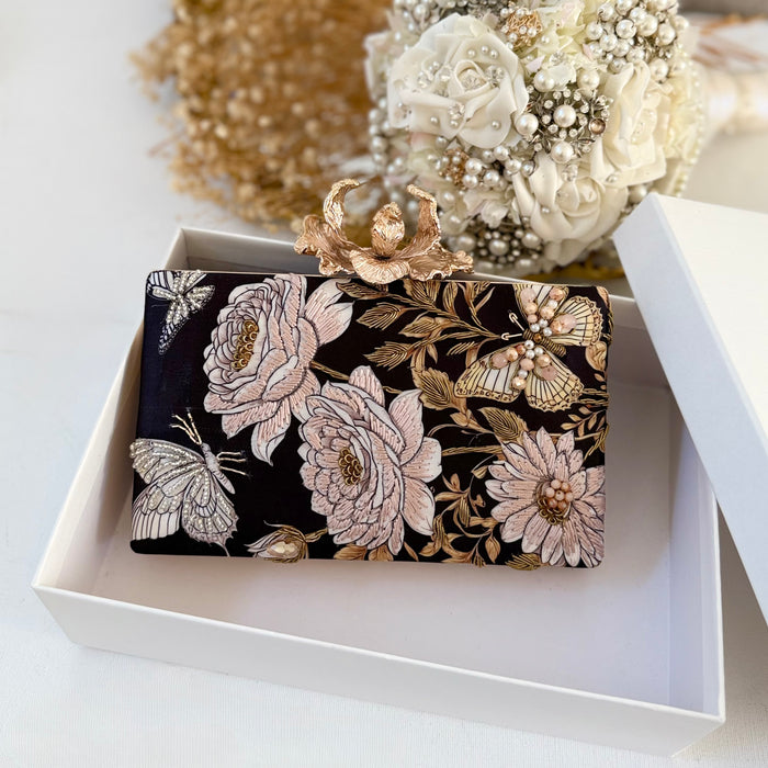 Black & Blush Rose Butterfly Clutch | Floral Evening Bag