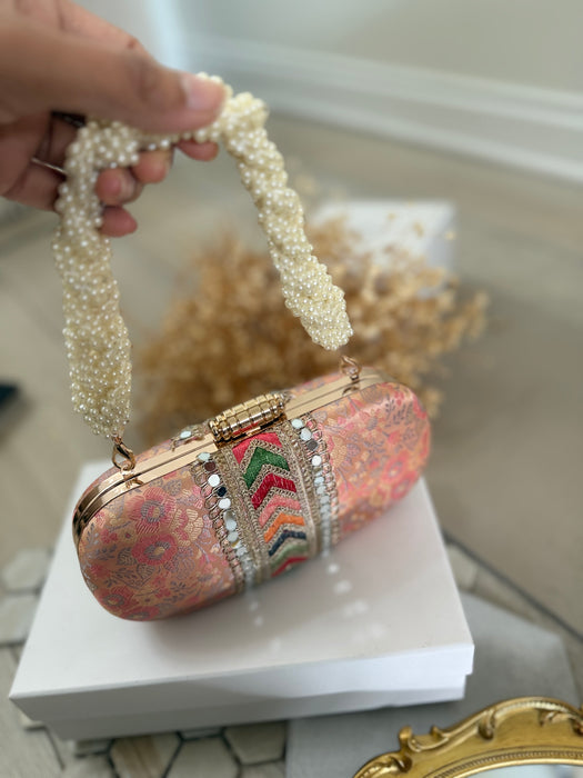 Multi-Color Banarasi Clutch: Banarasi Ethnic Clutch with Beaded Handle