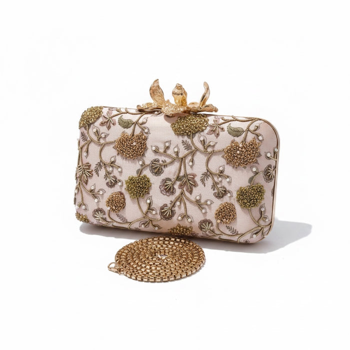 Multicolor Printed Hand-Embroidered Clutch Bag, Dusty Link Floral Evening Purse