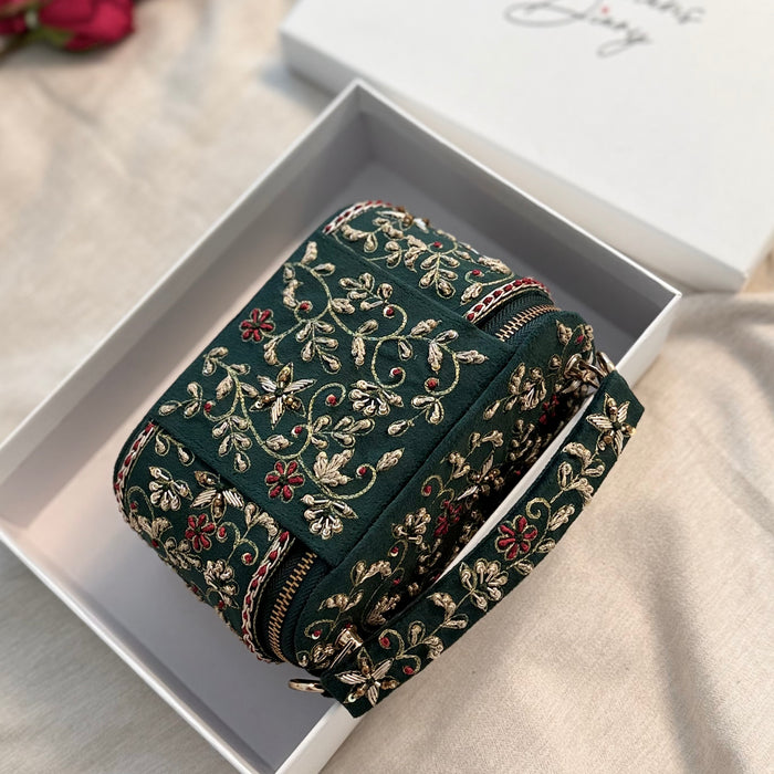 Embroidered Vanity Case Bag | Hand Embroidered Suede Bridal Bag