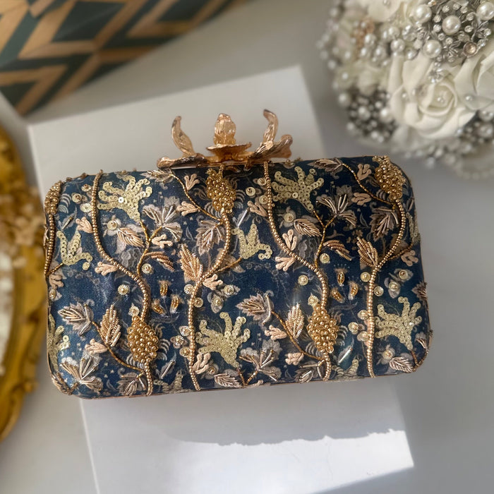 Navy Blue Zardosi Clutch with gold floral pattern 