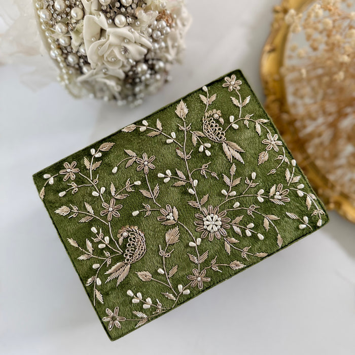 Olive Green Velvet Zardozi Work Kalira Box