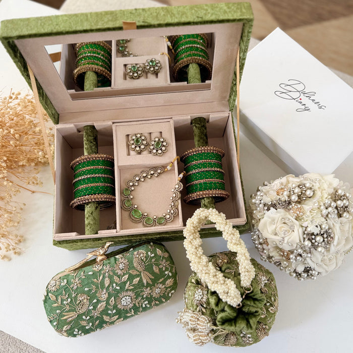 Olive Green Zardozi Work Trousseau Box - Bird Theme Keepsake Box