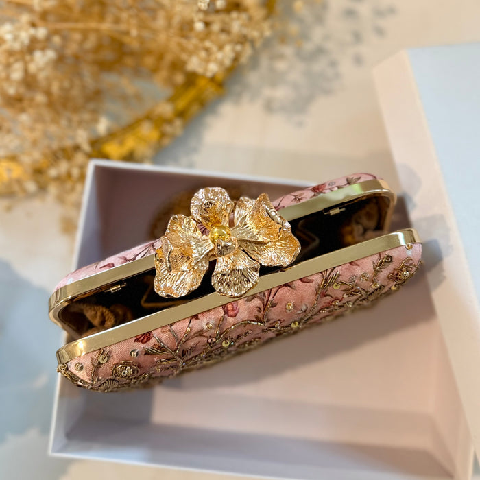 Dusty Pink Rose Clutch | Hand-Embroidered Floral Evening Bag