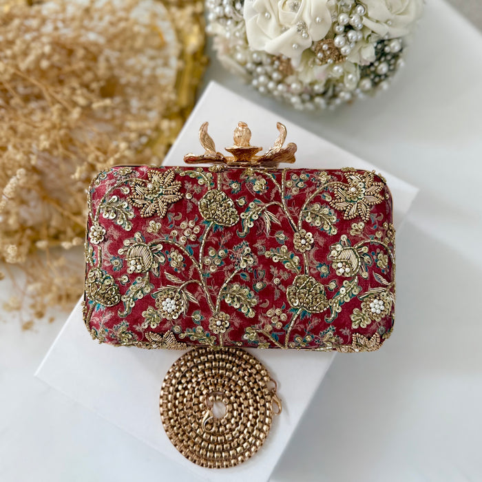 Rusty Red Hand-Embroidered Clutch Bag |Printed Floral Purse