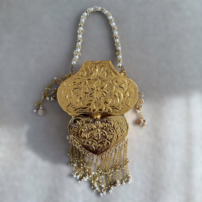 Antique Style Brass Clutch: Gold Vintage Style Floral Handbag