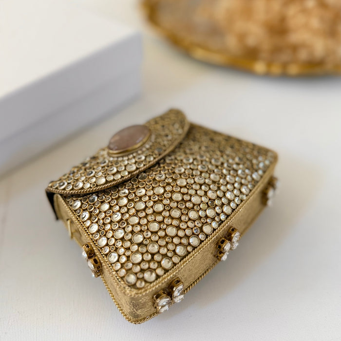 Natural Rose Quartz Gemstone Mini Clutch | Kundan Detailing on Brass Frame
