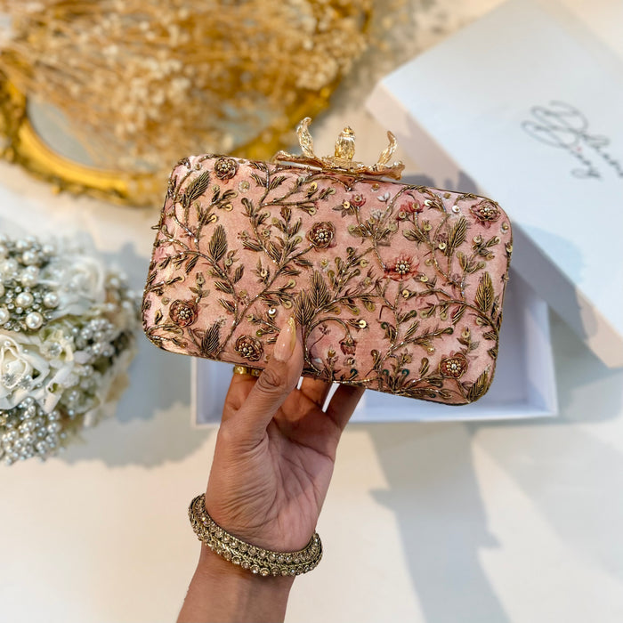 Dusty Pink Rose Clutch | Hand-Embroidered Floral Evening Bag