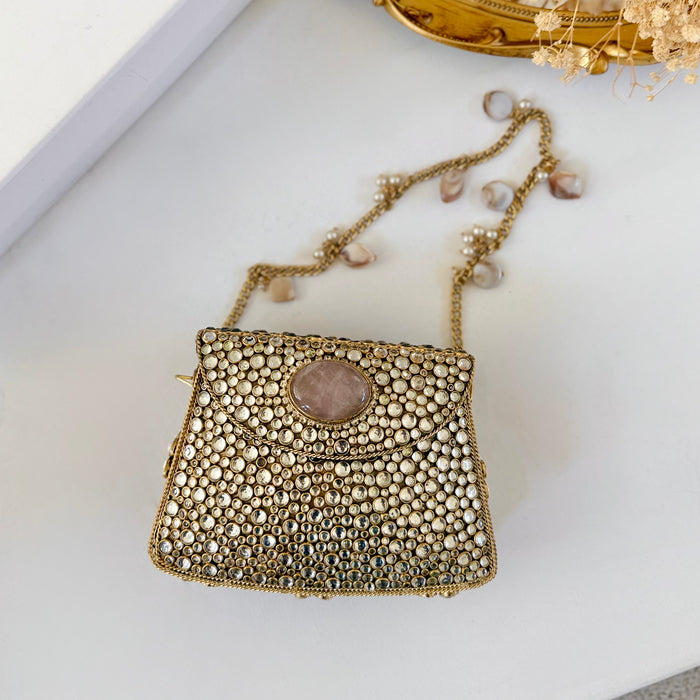 Natural Rose Quartz Gemstone Mini Clutch | Kundan Detailing on Brass Frame