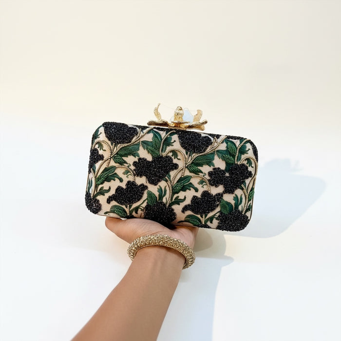 Dark Purple Floral Clutch | Hand-Embroidered Floral Evening Bag