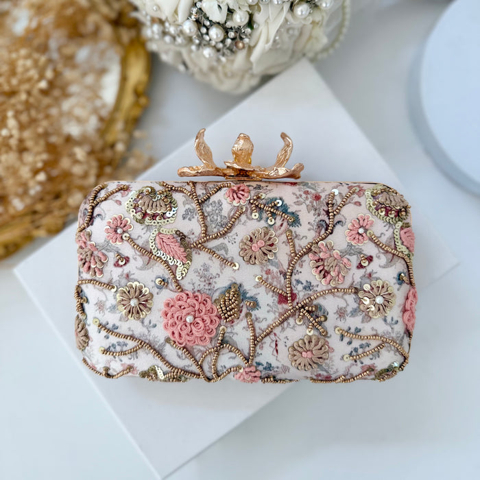 Champagne Bird Motif Hand-Embroidered Clutch With Bird Knob