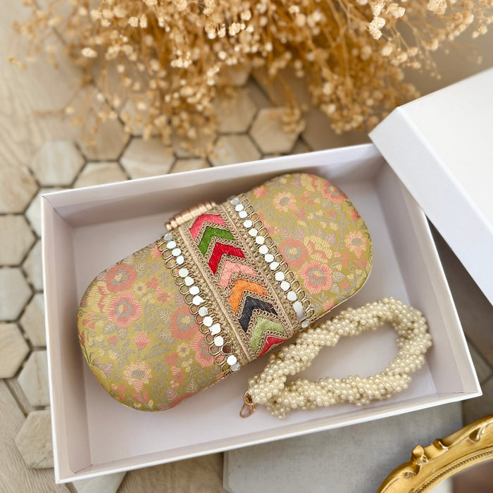 Handmade Banarasi Clutch: Banarasi Ethnic Clutch with Beaded Handle