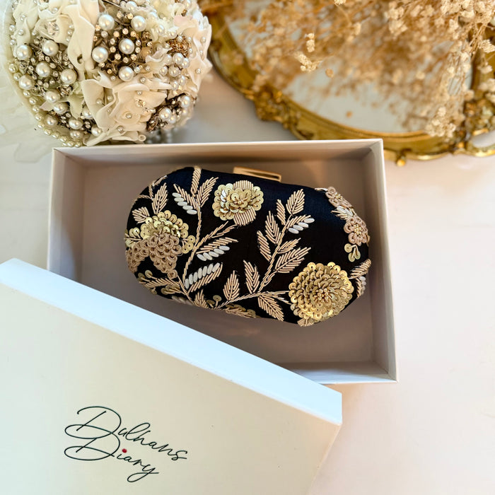Black Floral Clutch Bag | Traditional Zardosi & Sequins Work Purse
