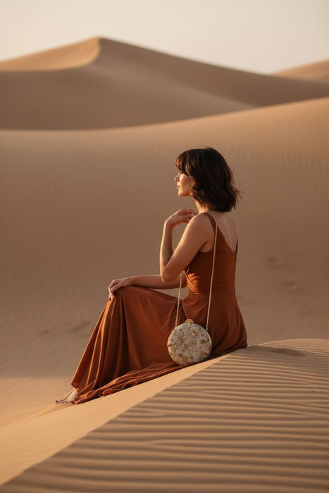 Beige Round Shape Mini Clutch: Handmade Statement Bag