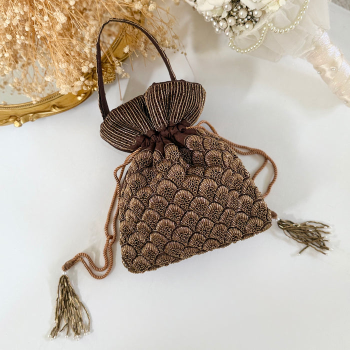 Brown Potli Bag – Antique Gold Zardosi Work Evening Bag