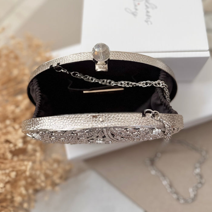 Silver Mother of Pearl Bridal Clutch | Brass Floral Evening Bag
