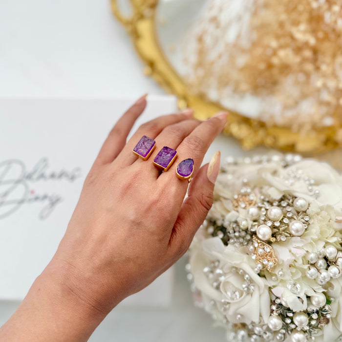 Natural Amethyst Three Stone Ring with Brass - Statement Jewelry