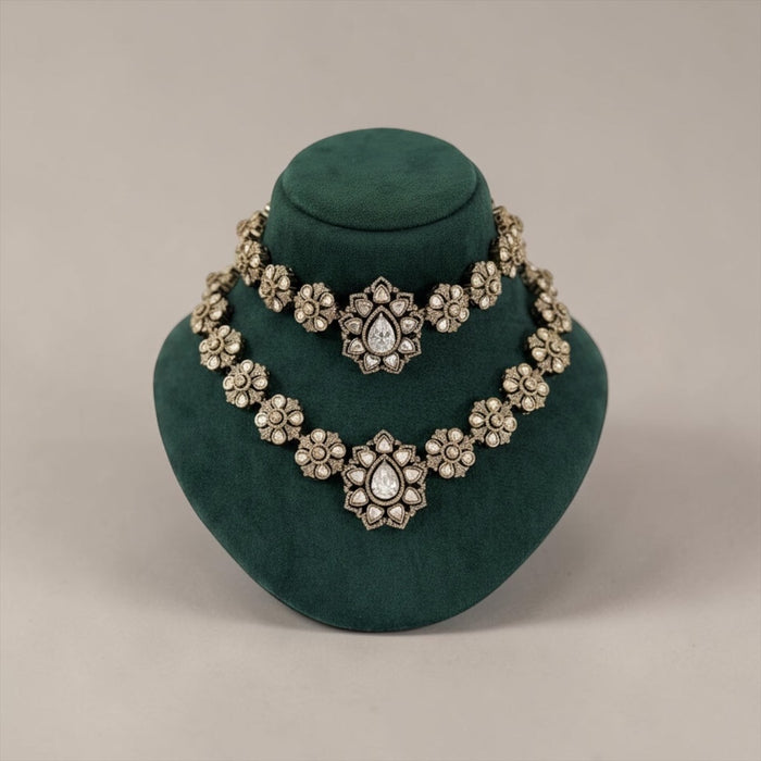 Gold and Silver Kundan Necklace - Premium Kundan Necklace Set