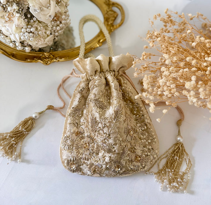 Champagne Gold Zardozi Work Bridal Potli Bag: Wedding Evening Bag