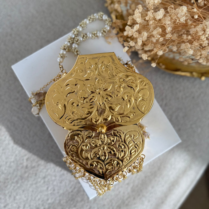 Antique Style Brass Clutch: Gold Vintage Style Floral Handbag
