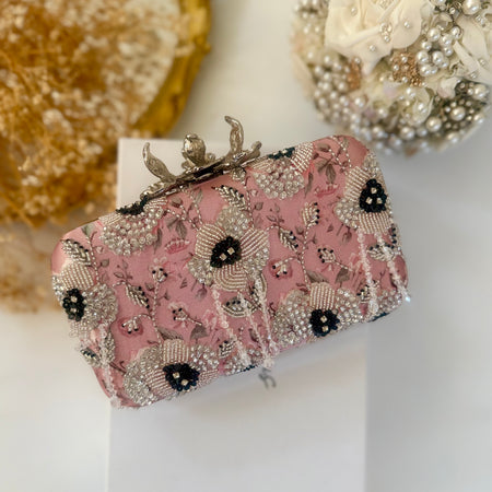 Hand-Embroidered Clutch Bag | Pink Floral Purse