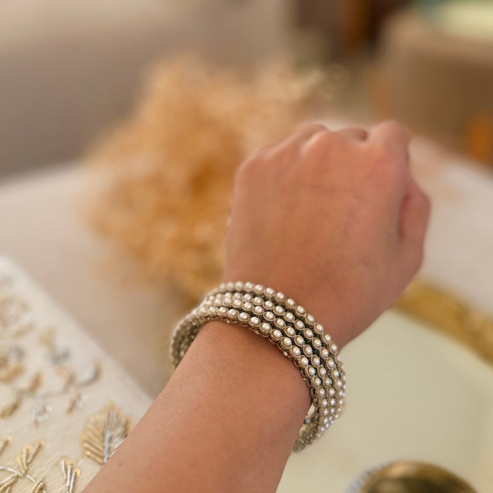 Beaded Bangle Set : White and Gold Bangles - Set of 4