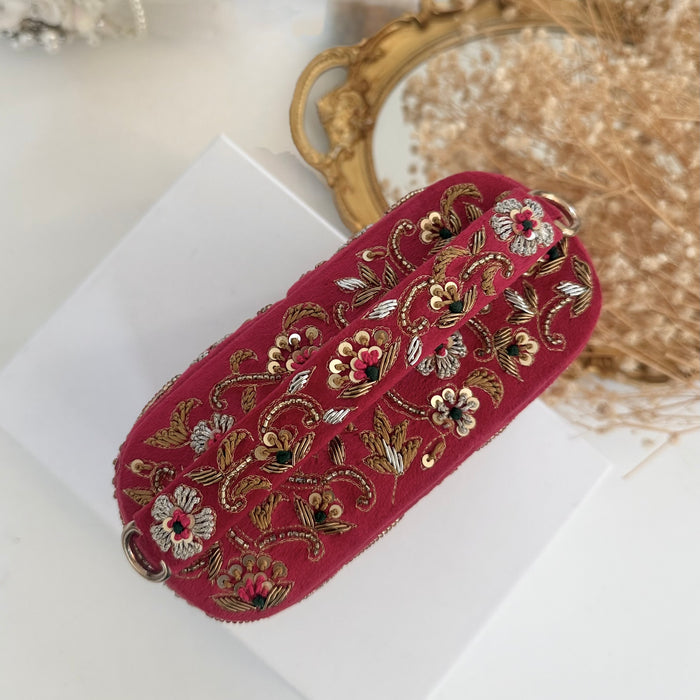 Fuchsia Vanity Case Bag | Hand Embroidered Suede Bridal Bag