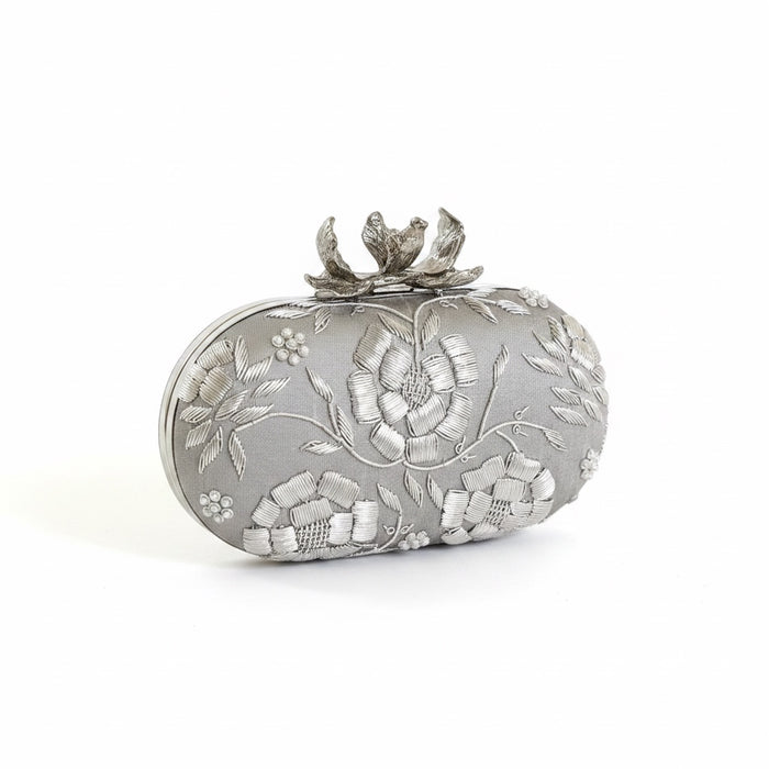 Silver Floral Zardosi Clutch: Raw Silk Bridal Evening Bag