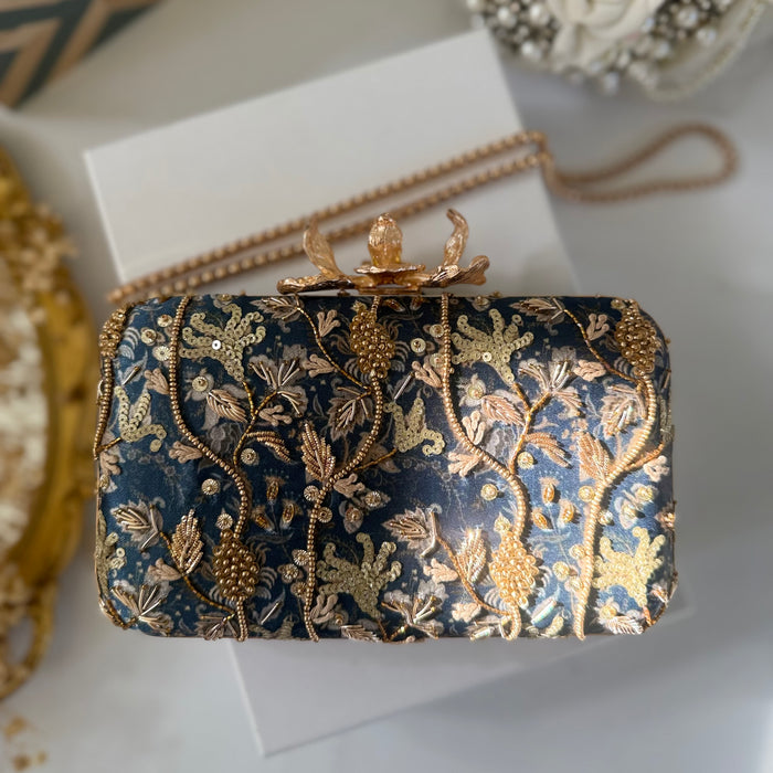Navy Blue Zardosi Clutch with gold floral pattern 
