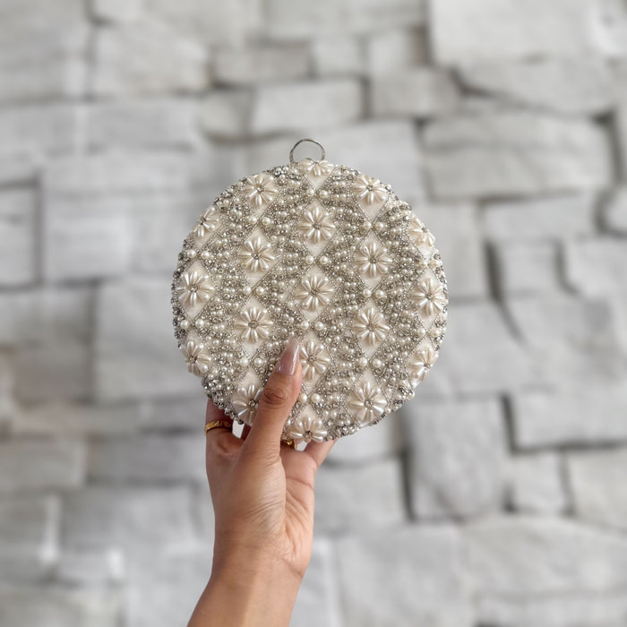 Beaded Bridal Clutch: Ivory Velvet Round Wedding Purse