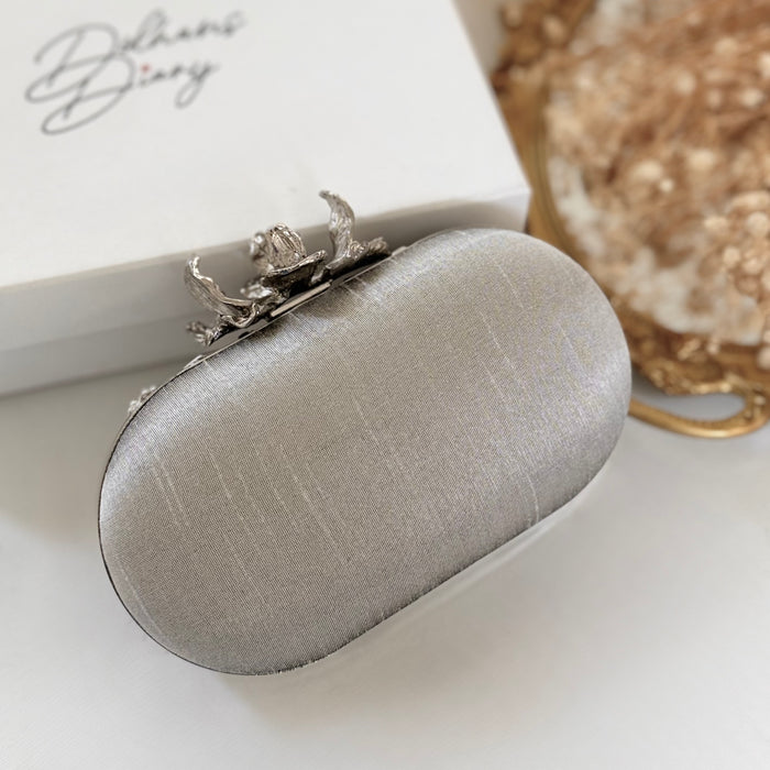 Silver Floral Zardosi Clutch: Raw Silk Bridal Evening Bag