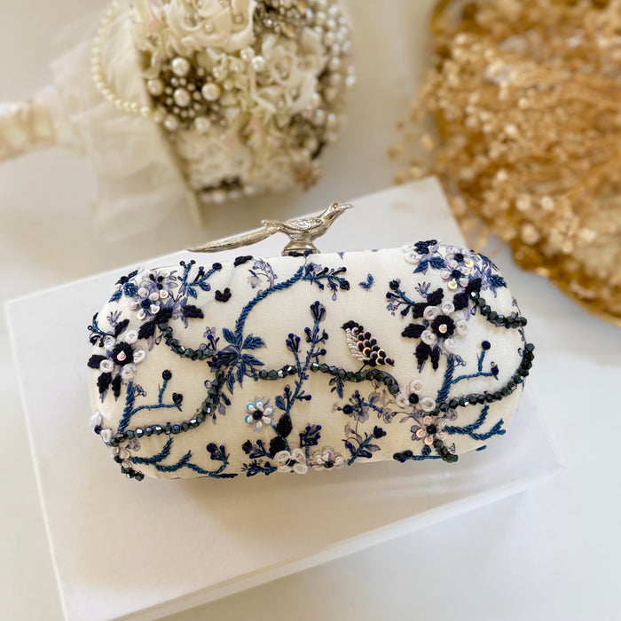 Floral Zardosi Bridal Clutch: Navy Blue Printed Wedding Clutch With Silver Bird Knob