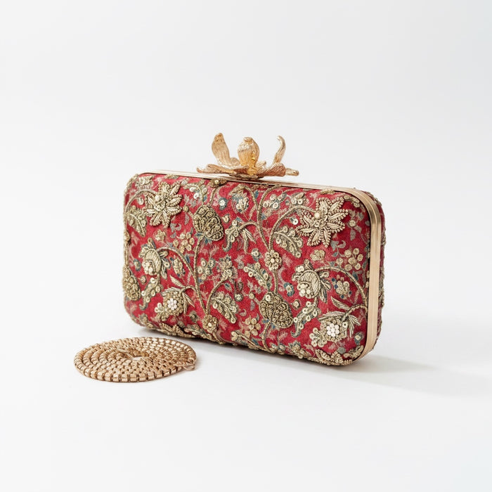 Rusty Red Hand-Embroidered Clutch Bag |Printed Floral Purse