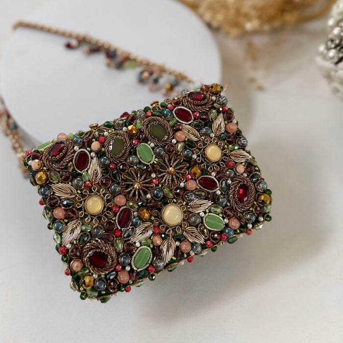 Royal Kundan Gemstone Clutch: Multicolor Hand-Embroidered Mini Clutch