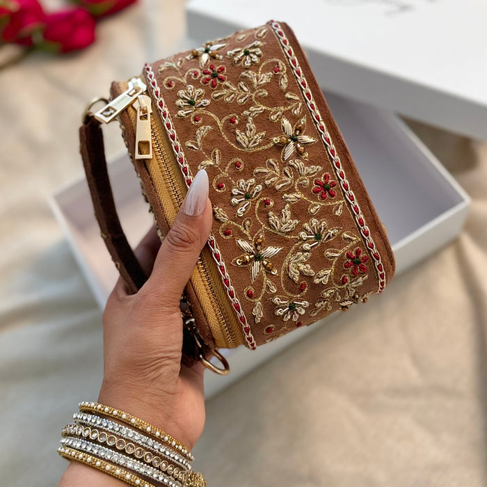 Embroidered Vanity Case Bag | Hand Embroidered Suede Bridal Bag