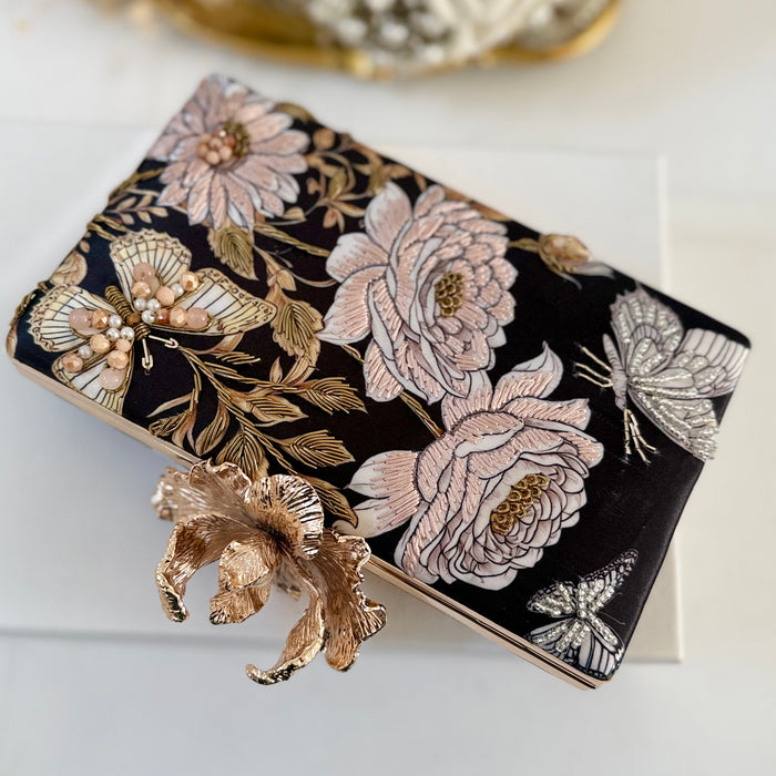 Black & Blush Rose Butterfly Clutch | Floral Evening Bag