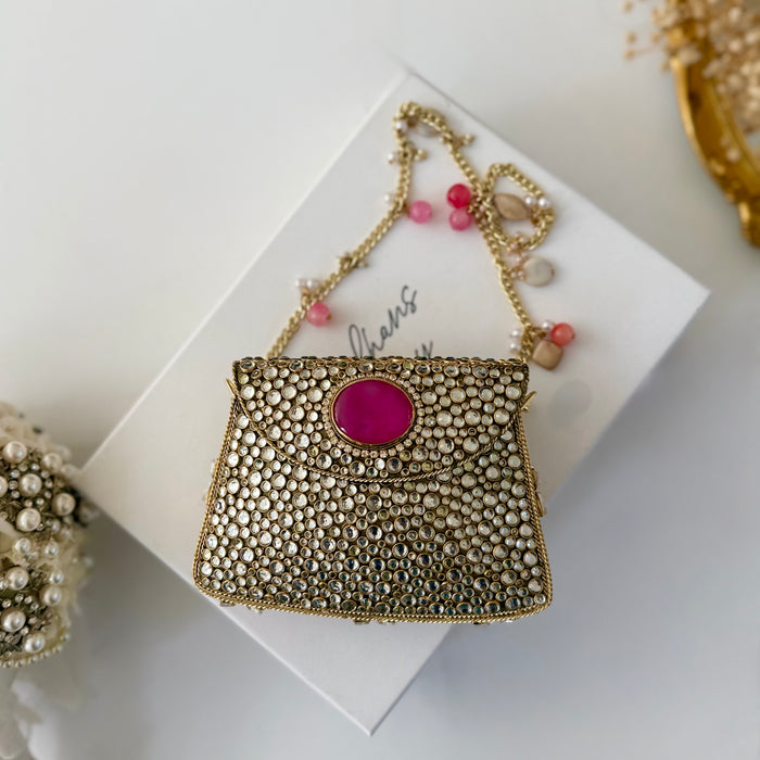 Natural Fuchsia Onyx Gemstone Mini Clutch | Kundan Detailing on Brass Frame