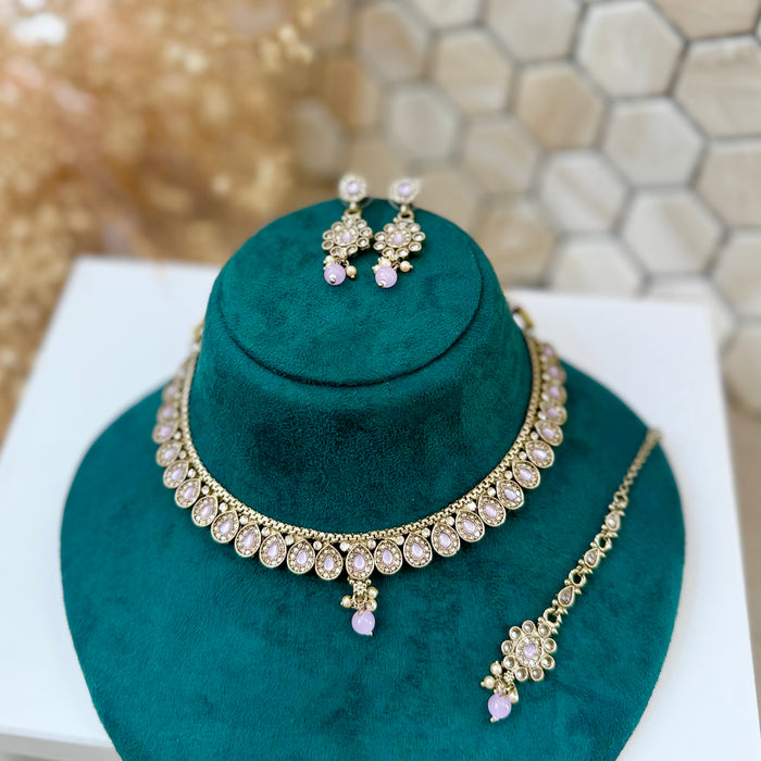 Indian Gold Plated Jewelry Set: Minimalist Bridal Necklace, Earrings and Tikka Set