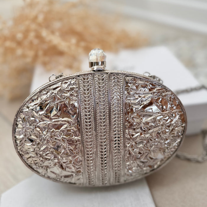 Silver Mother of Pearl Bridal Clutch | Brass Floral Evening Bag