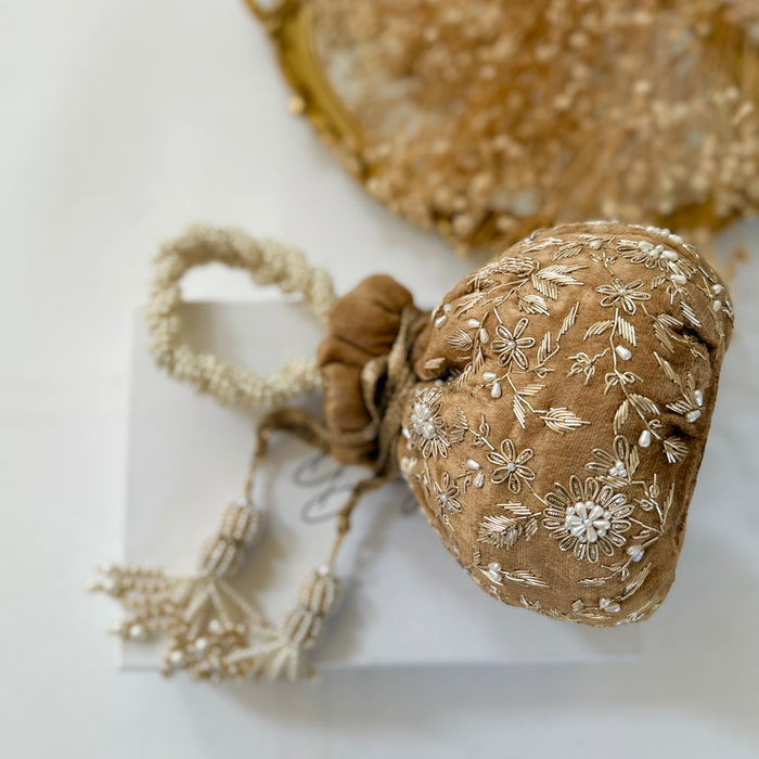 Gold Velvet Zardosi Potli Bag with Pearl Embellishments
