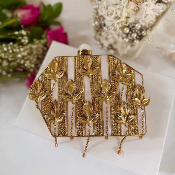 Mother of Pearl Clutch: Gold Leaf Bridal Evening Bag