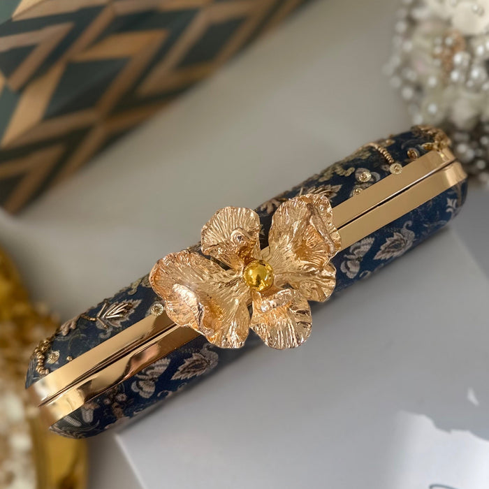 Navy Blue Zardosi Clutch with gold floral pattern 